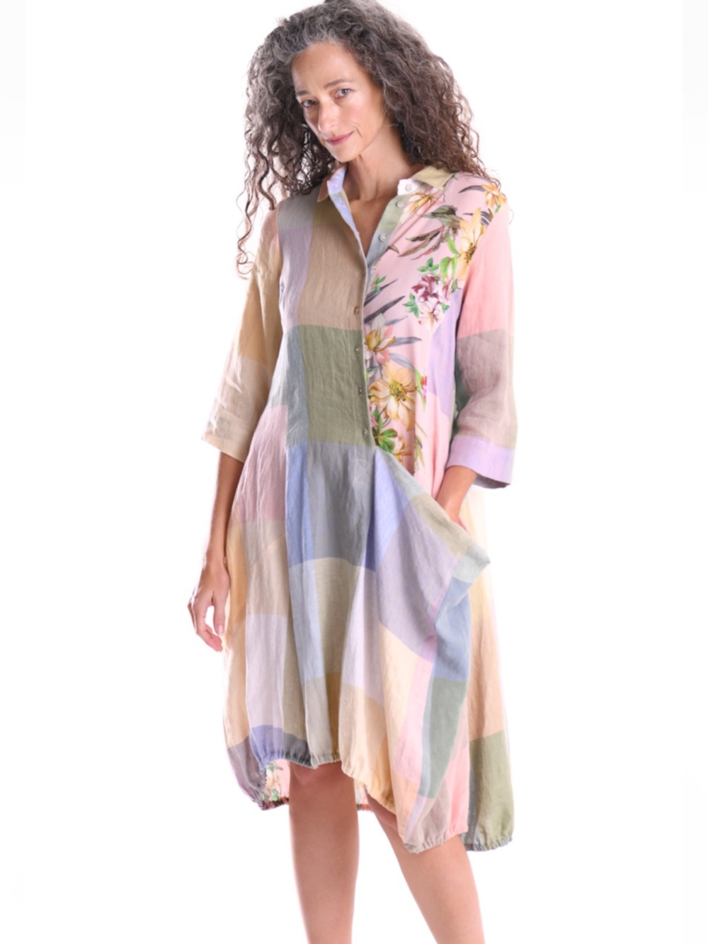 Alembika Linen Check Wonderful Dress with Floral Accent